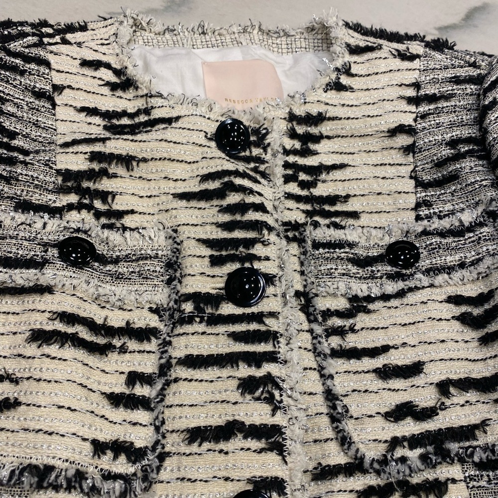 Rebecca Taylor Tweed Jacket Size 10 Black Cream Metallic - Picture 2 of 15